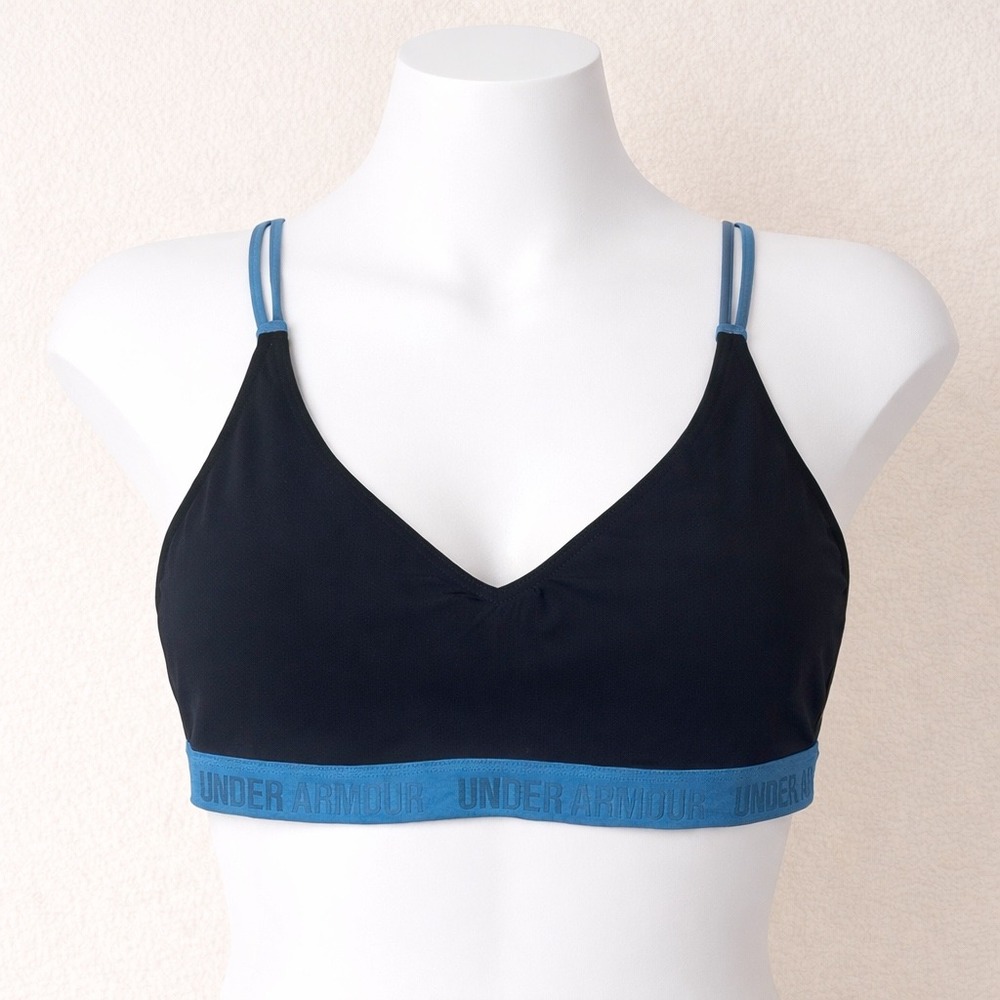 Under Armour Womens Strappy Back Sports Bra Black Blue Logo Band Medium Support